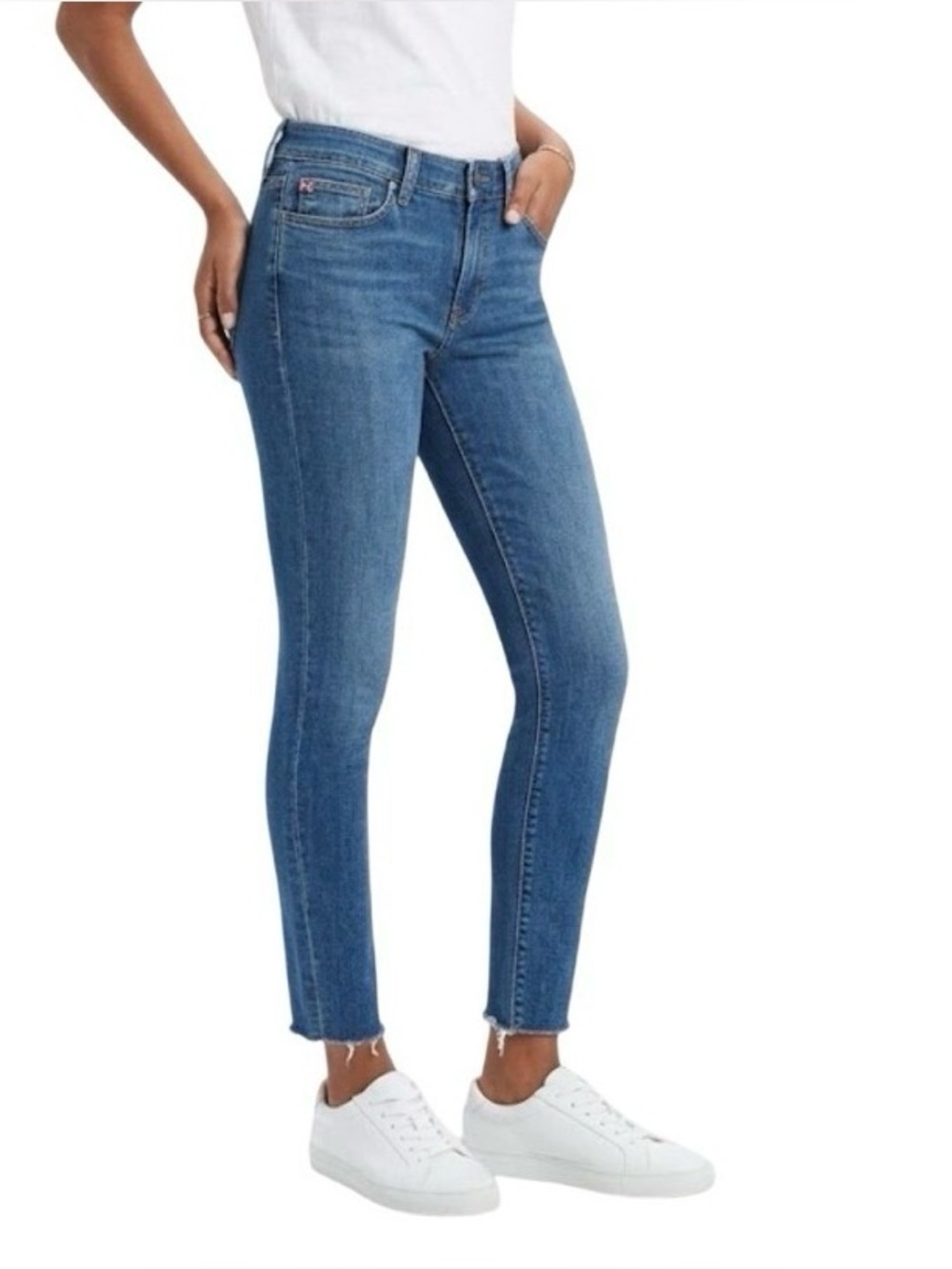Hudson Natalie Mid-Rise Super Skinny Ankle Jeans Raw Hem Size 26 Blue Denim